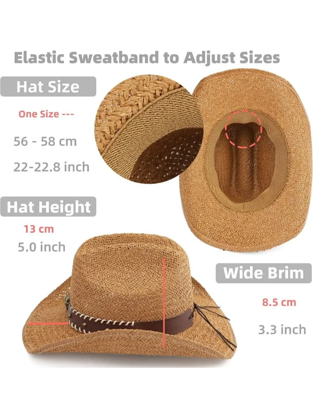 Men's Khaki-m22 Straw Adjustable Wide Brim Sun Beach Western Cowgirl Cowboy Hat